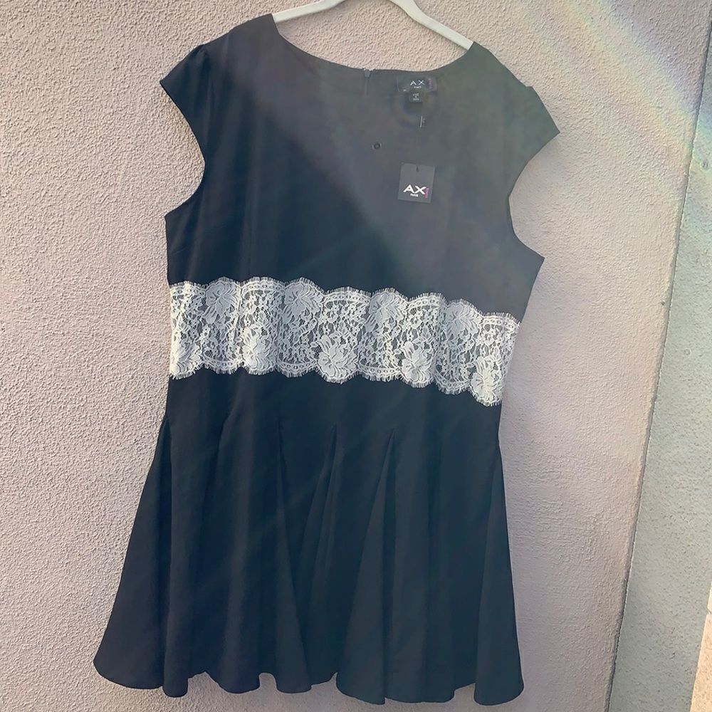 Ax Paris Curve Black US Size 22 Crew Neck Flutter Short Sleeve Lace midriff New